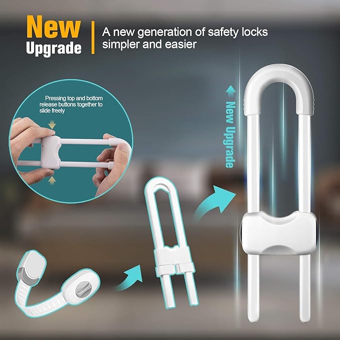 6 Pack Baby Proof Cabinet Locks, Adjustable U-Shaped Child Safety Locks for Cabinets, Drawers, Fridge, Closet | No Drill Baby Proofing Cabinet Latches with Secure Lock Button