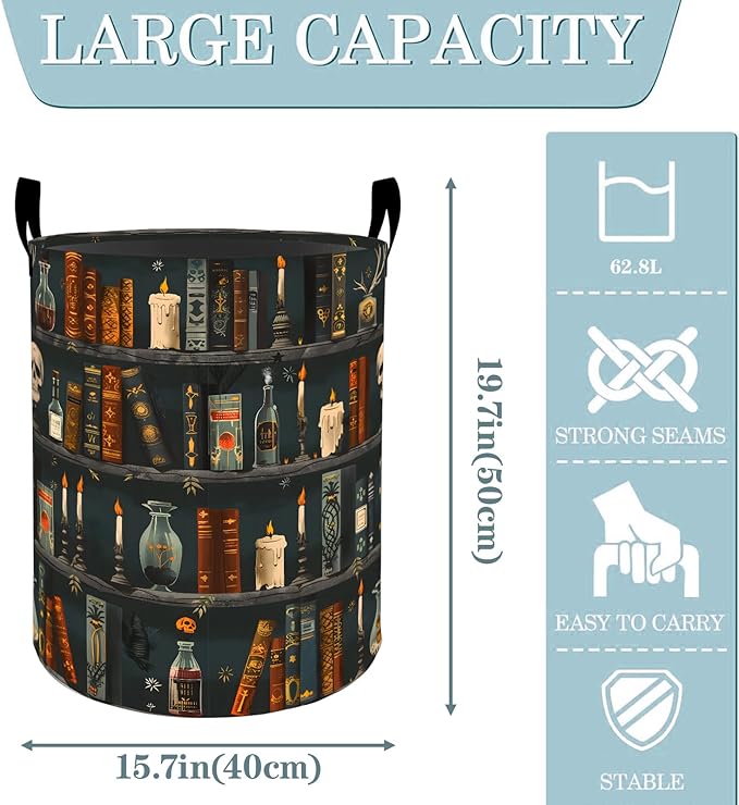 VODRM Gothic Witchcraft Bookshelf Basket, Dirty Collapsible Clothes Toy Organizer Hamper for Kids Adults, Oxford Cloth Waterproof Storage Bin for Bedroom Bathroom Magic Decor Gifts, 19.7"X15.7"