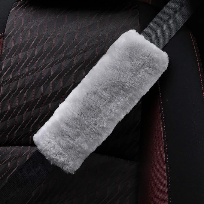 2pc Soft Genuine Sheepskin Wool Auto Seat Belt Cover Seatbelt Shoulder Pad for a More Comfortable Driving, Compatible with All Cars(Gray)