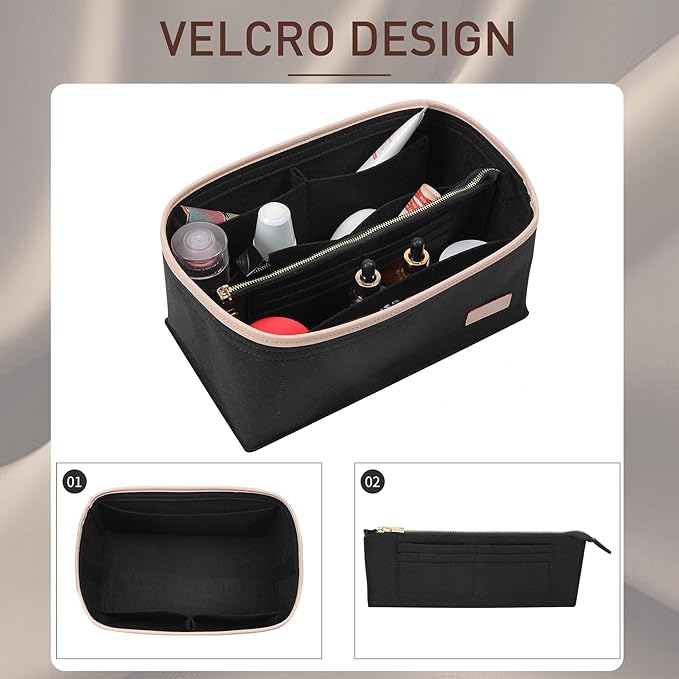 Doxo Purse Organizer Insert & Base Shaper 2pc Set, Felt Handbag Bag Fit LV Speedy Neverfull (L-Black)