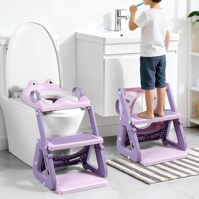 Orzbow Frog Potty Training Seat, Toddler Toilet Seat with Step Stool Ladder, 2-in-1 Potty Training Toilet Essentials for Boys Girls, Adjustable Height, Non-Slip Step and Splash Guard Design, Pink