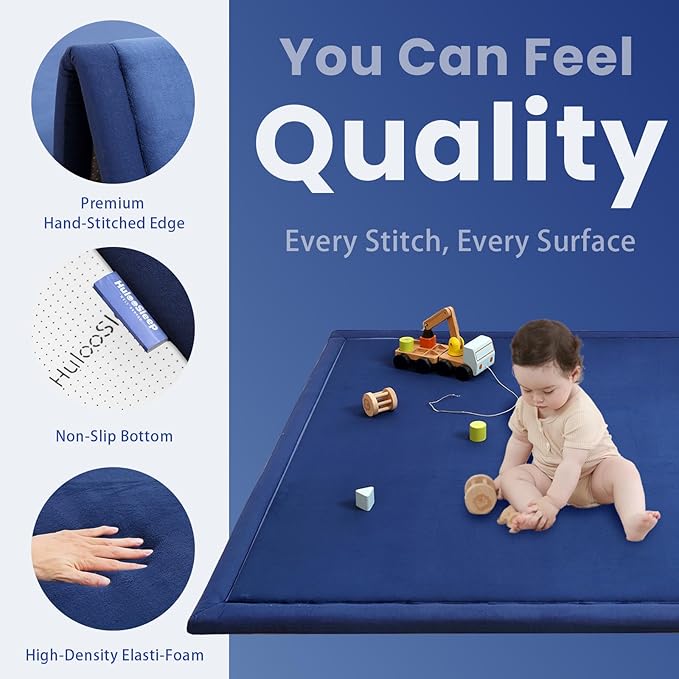 Huloo Sleep Ultra Soft Baby Play Mat for Floor,1.3" Thick Elasti-Foam 47x47 Play Mat for Playpen,Water-Repellent Coral Velvet for Tummy Time, Non-Slip Backing Safe for Toddlers & Infants（Dark Blue）