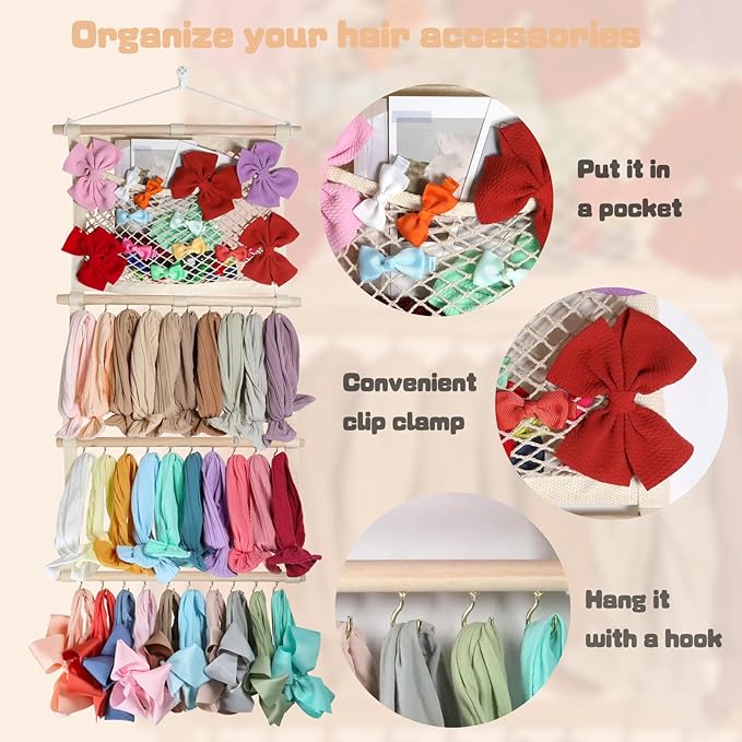 Headband Holder Hair Bows Organizer for Baby Girls Large Capacity Bow Holder Hair Accessories Wall Hanging Organizer for Toddler Baby Girl Nursery Room Decor