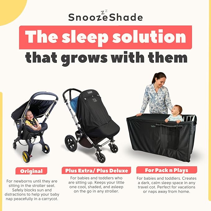 SnoozeShade Plus Extra, Stroller Sun Shade, Mosquito Net for 6m+ Babies, Blocks 99% of UV (UPF 50+) Universal Fit Blackout Sleep Cover with Peekaboo Window, Breathable Mesh Canopy for Single Strollers