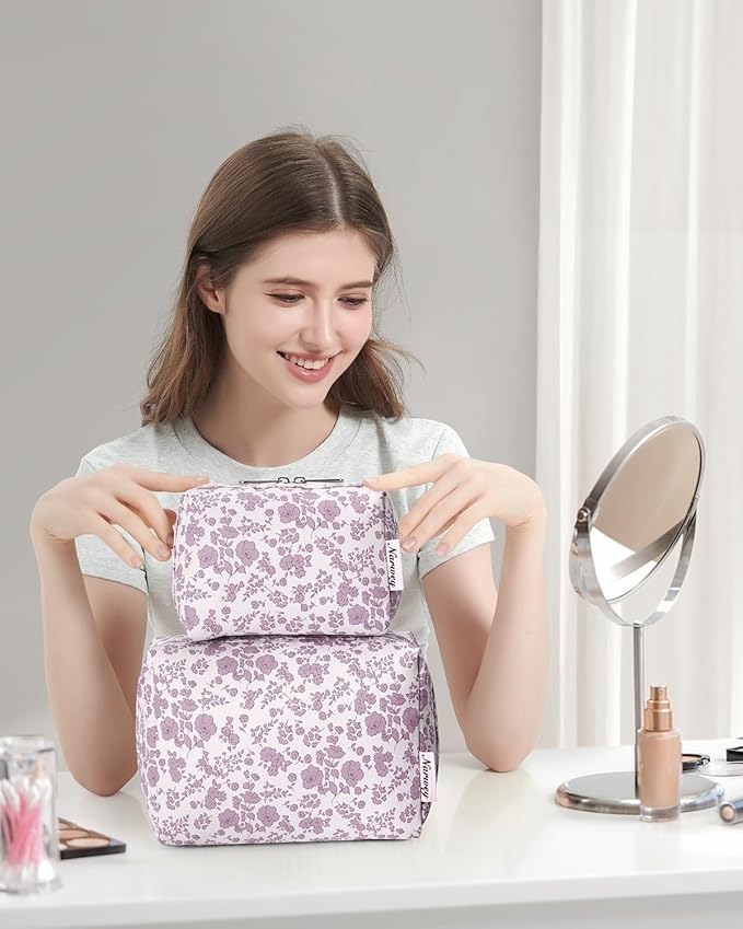 Narwey Small Cute Floral Makeup Bag for Purse Mini Cosmetic Bag Travel Makeup Pouch Zipper Pouch Cute Make up Bags with Compartments for Women Girls (Little Dusty Pink Flower, Small)