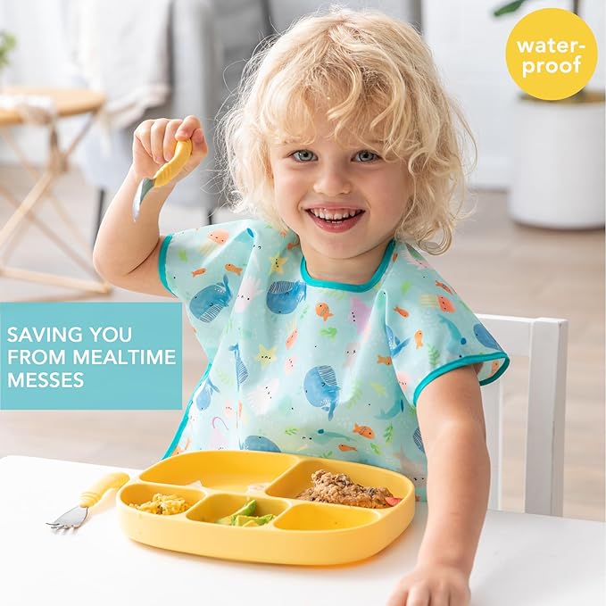 Bumkins Short Sleeve Bib for Girl or Boy, Toddler and Kids for 1-3 Years, Large Size, Essential Must Have for Junior Children, Eating, Mess Saving Soft Fabric Apron for Play, Ocean Life Blue