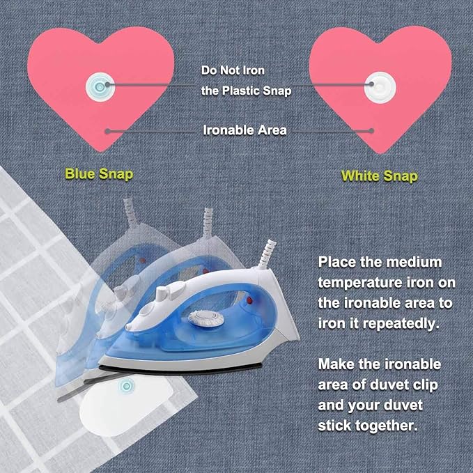 HX AURIZE Iron On Duvet Snaps 16 Pieces (8 Pairs), Heart Shaped Comforter Fasteners, Washable and Dryer Safe Bedding Anchors, No-Sew Corner Clips Prevent Shifting, White