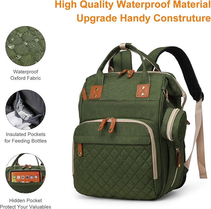 Lamroro Diaper Bag with Changing Station, Waterproof 3 in 1 Baby Diaper Backpack with Foldable Changing Pad, Large Travel Back Pack for Girl Boy, Green