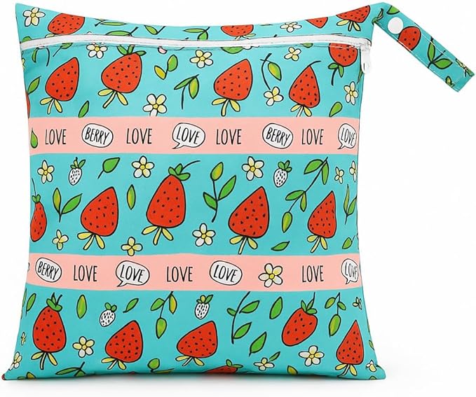 FANALALA Waterproof Wet Dry Bag, Reusable Diaper Pouch with Zipper, Machine Washable Travel Organizer for Beach, Daycare, Kids, Dinosaur Pattern (Strawberry)