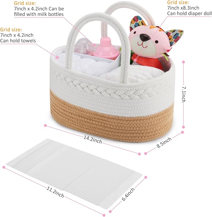 ABenkle Diaper Caddy Organizer, Boho Rustic Cotton Rope Nursery Baby Basket, Changing Table Organizer for Baby Diaper Storage and Baby Shower