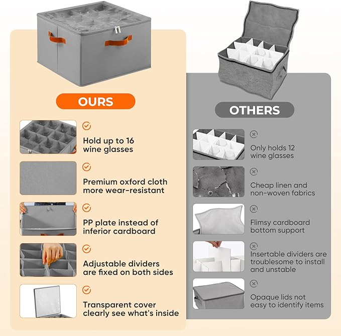 Foyego Wine Glass Storage Box with Dividers, 2 Pack Glassware Storage Containers, Stemware Storage Cases Holds 32 Wine Glasses, Stackable Crystal Storage Containers with Clear Cover for Moving，Gray