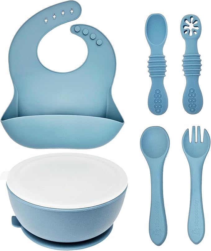 6 Piece Baby Bowls With Suction and Lids | Toddler Bowl Set with 1 Bowl, 1 Bib, 2 Baby Spoons, 1 Large Spoon, 1 Large Fork, Baby Feeding Essentials (1, Light Blue)
