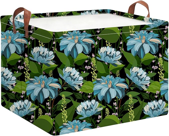 HKEC Rectangle Storage Basket with Handles,Collapsible Storage Bin,Books Box,Gift Basket(Blue Flower)