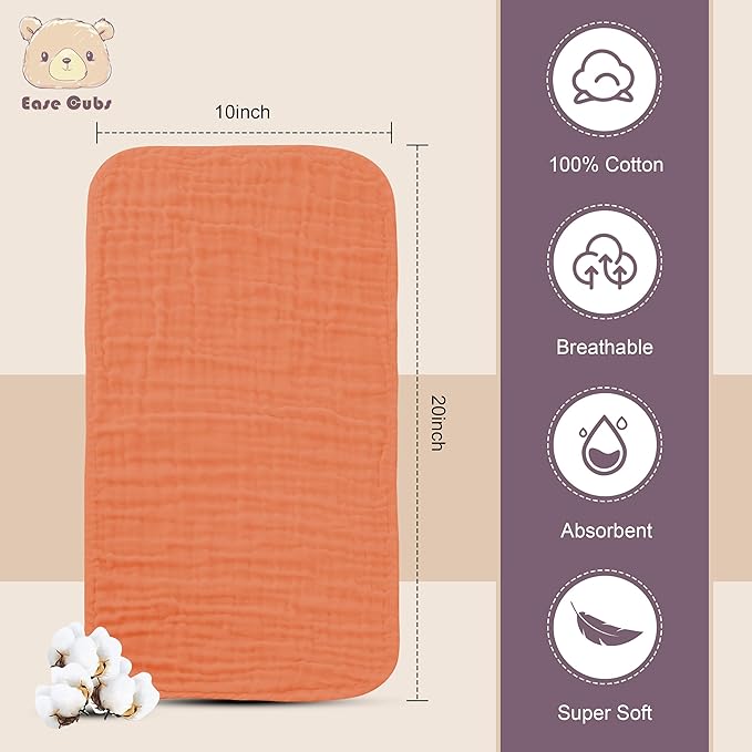Ease Cubs Muslin Burp Cloths Large 100% Cotton Hand Washcloths for Boys & Girls, Baby Essentials Extra Absorbent and Soft Burping Rags for Newborn Registry (Vermilion, 12-Pack, 20" X10")