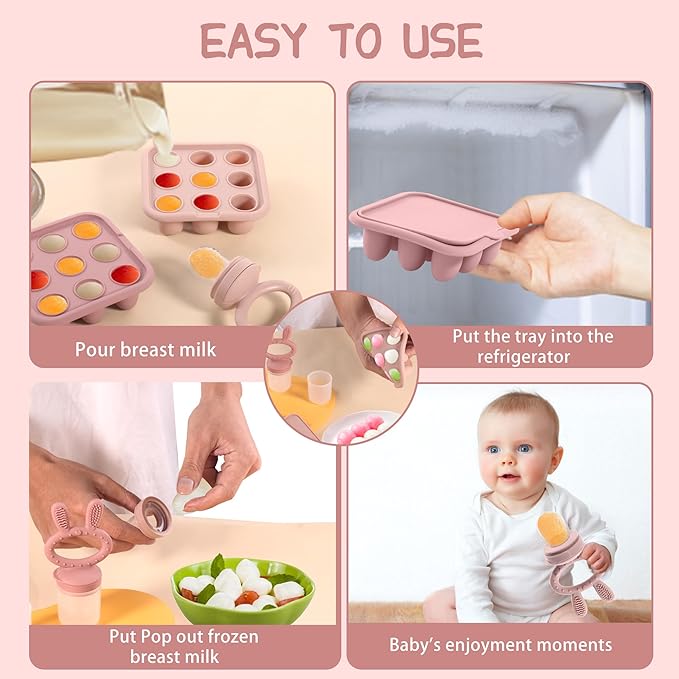 Easter Bunny Baby Breastmilk Popsicle Molds & Baby Fruit Feeder,Food Freezer Tray Storage Containers, Silicone Teething Pacifier Feeder and Teether for Babies,Gifts for Boys and Girls-Purple