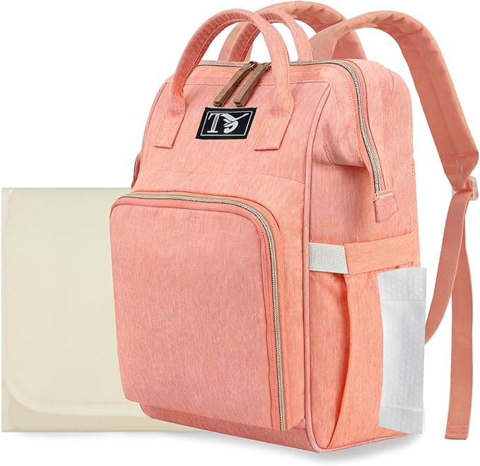Packino Diaper Bag Backpack for Women - Multifunction Travel Essentials Baby Diaper Bag with Changing Pad, Large Backpack Baby Girl Boy, Insulated Bottle Holders & Stroller Straps (Pink+Orange)
