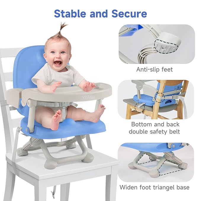 YOLEO Baby High Chair Booster Seat for Dining Table, Foldable High Chairs with Adjustable Heights, Travel Booster Seat with Removable Tray