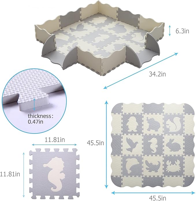 Tamiplay Foam Play Mat for Kids，25Pcs Square Interlocking Puzzle Floor Mat，Baby Play Mat Floor Mat Foam Puzzle Playmat for Toddlers with Fence（Animal-CSH039