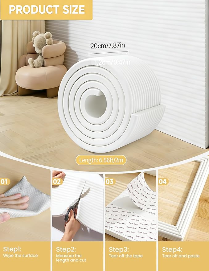7.9''W Extra-Wide Edge Protector, 6.56FT 0.47''Th Baby Proofing Corner Guards, Safety Furniture Bumper, Pre-Taped, Thick Soft Rubber Foam Padding for Fireplace Table Stair Cabinet (White Gray)