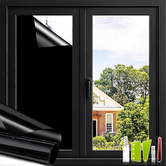 Privacy Window Film Total Blackout Cover, 100% Light Blocking Window Tint Static Cling Sun Blocking Heat Control, Anti UV Scratch Resistant for Home Office (Black, 24in x 6.5ft)