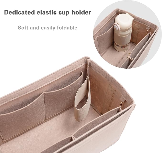 Purse Organizer Insert, Handbag Organizer with Zipper, Tote Shaper with Cup Holder & Keychain, Compatible with LV, Neverfull, MK, COACH, Longchamp, Kate Spade – Beige-Med