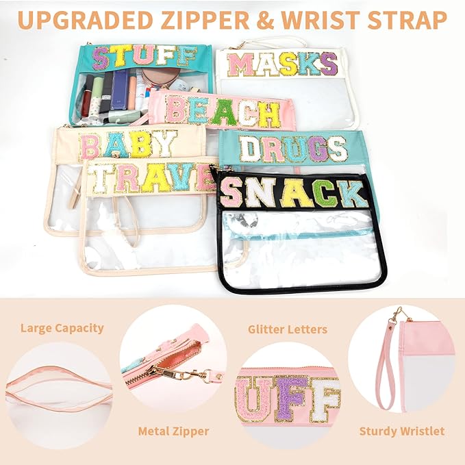 Iqimott Chenille Letter Stuff Bag Clear Flat Pouch, Monogram Glitter Letter Patch Makeup Cosmetic Bag Zipper Toiletry Pouch, Portable Travel Beach Snack Wristlet Bags for Women Girls(Stuff, Pink)