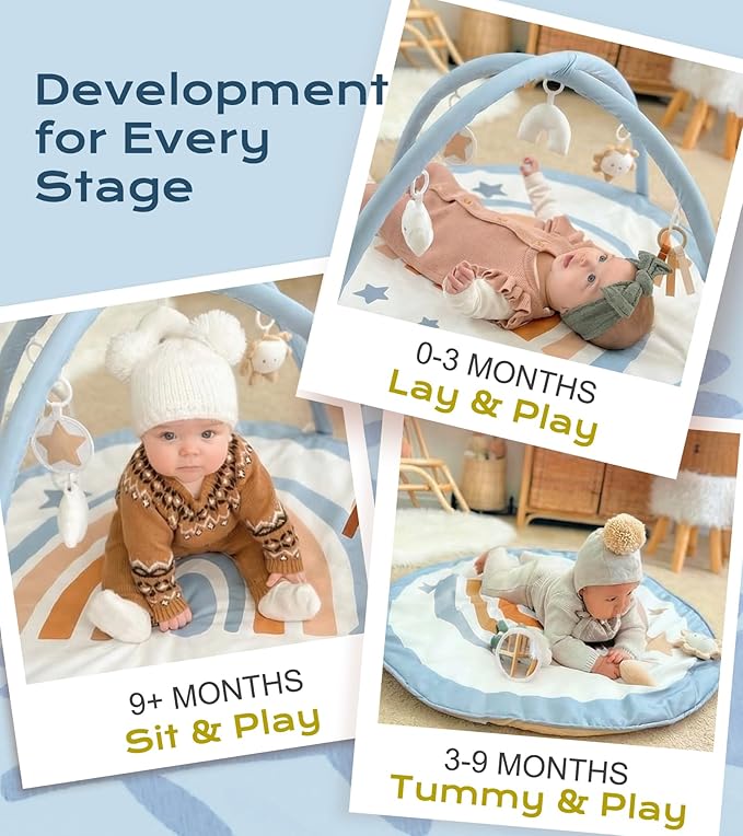 Little Dove Baby Play Gym Mat, Tummy Time Activity Mat with 7 Detachable Toys and 12 Milestone Cards for Stage-Based Sensory and Motor Skill Development, Washable Play Mats for Infant, Blue