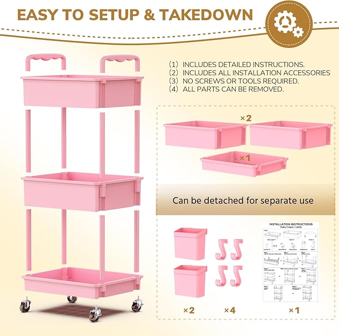 Goovilla Diaper Cart with Lockable Wheels and Easy Assembly, 3 Tier Pink Rolling Cart for Baby Nursery Storage, Sturdy Ample Diaper Caddy Organizer for Baby Girl, Boy, New Mom, Newborn Essentials