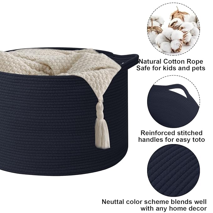 Large Storage Basket with Handle,23.6" x 23.6" x 15.7" Blanket Basket Storage Bins for Organizing,115L Cotton Rope Woven Baskets for Living Room, Nursery,Bedroom,Navy