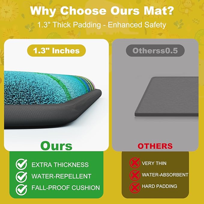 Baby Play Mat for Floor, 1.3" Thick Elasti-Foam Baby Play Mat, 50x50 Playpen Mat for Toddlers Infant kids, Water Repellent Soft Coral Velvet Crawling Mat for Floor, Non-Slip Backing Safe Jungle Safari