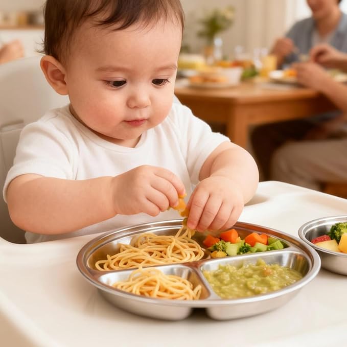 PandaEar 3 Pack Stainless Steel Divided Plates for Kids, 8.1” Portion Control Plates with 3 Compartments, Reusable Metal Dishes for Balanced Meals, Camping & Home Use (3, Silver)