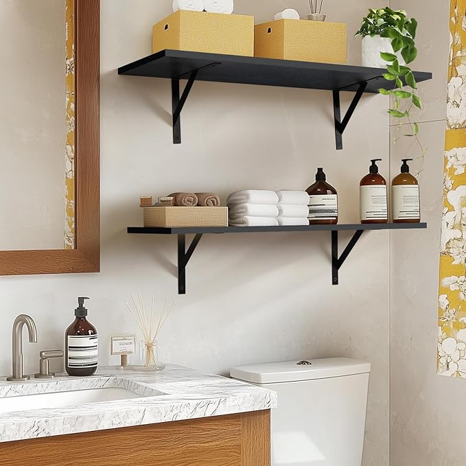 Heavy Duty Long Wall Shelves Set of 2, Floating Shelves Wall Mounted with Industrial Brackets, 40lbs Capacity Shelves for Laundry Room, Kitchen, Bathroom, Living Room (31.5"*8",Black)