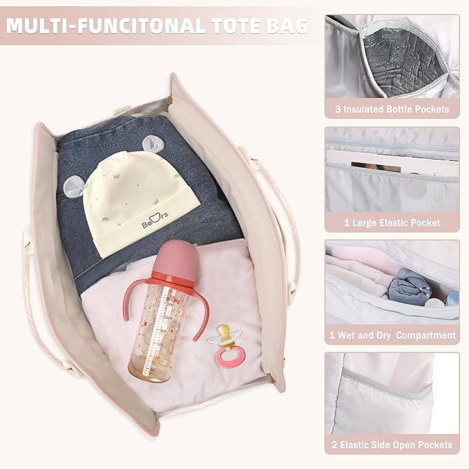 BOLOSTA Diaper Bag Tote for Women, Diaper Bag Tote with Changing Pad, Large Capacity Mommy Bag for Hospital and Weekender