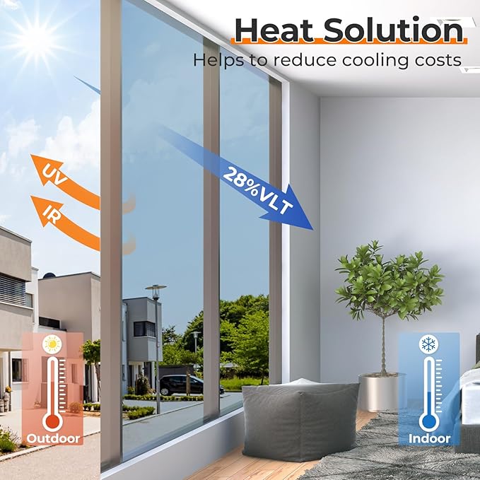 DOWELL Window Privacy Film, One Way Window Tint for Home, Static Cling Anti UV Sun Blocking Reflective Mirror Film, Heat Control See Out Not in Glass Tinting, Silver, 35.4" x 118"
