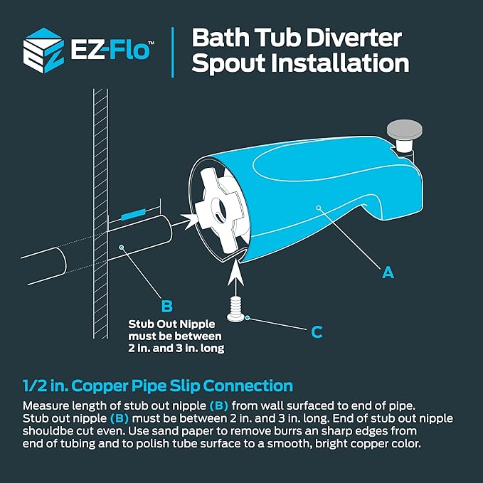 EZ-FLO 5-3/8 Inch Slide-On Zinc Bath Tub Diverter Spout with Hex Wrench and Set Screw, 1/2-inch Copper Pipe, Chrome, 15089