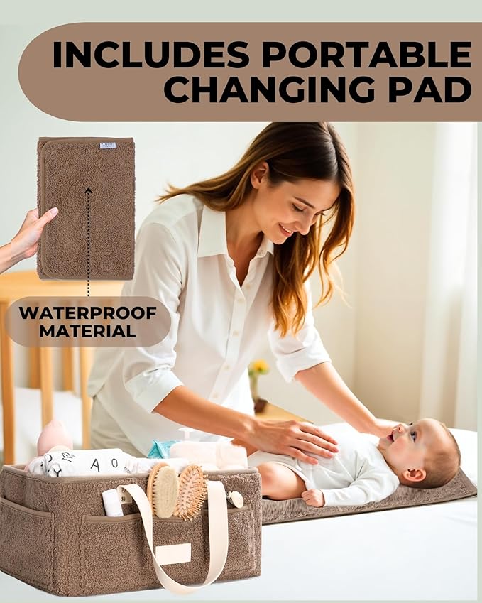 Toodly Baby Diaper Caddy Organizer with Portable Changing Mat - Teddy Fleece Diaper Organizer for Changing Table - Basket for Changing Essentials - Baby Essentials Organizer with Removable Dividers