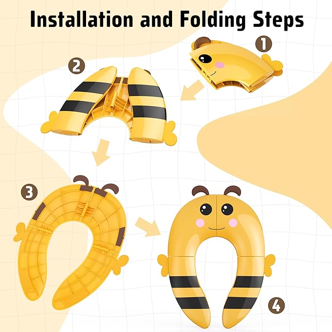 Maliton Travel Potty Training Seat for Toddler, Portable Foldable Potty Seat Cover Fits Round & Oval Toilets, Non-Slip Toilet Seat with Free Travel Bag(Yellow Bee)
