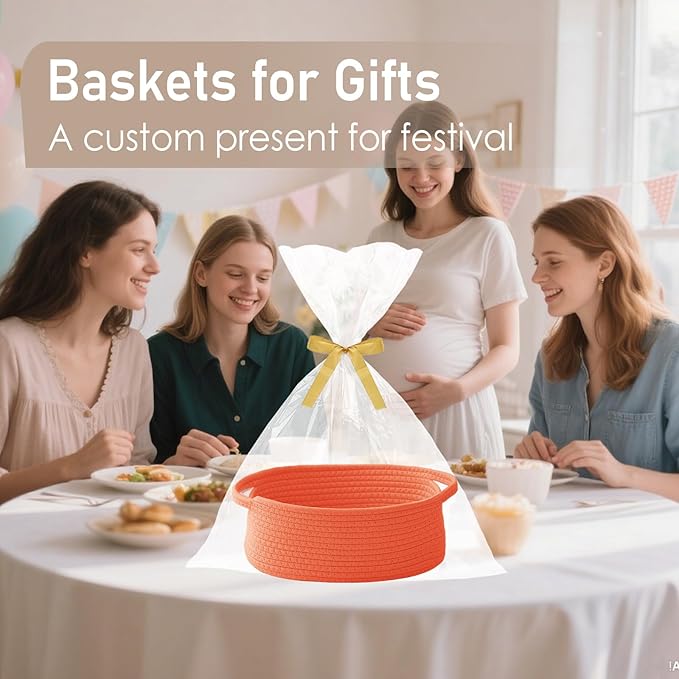 JMvicyroam Woven Basket,Small Rope Storage Bin with Handles & Ribbon Bag, Organizer for Shelves Closets,Gift Basket Empty for Birthday,Books,Dog Toys, Orange/2 Pack