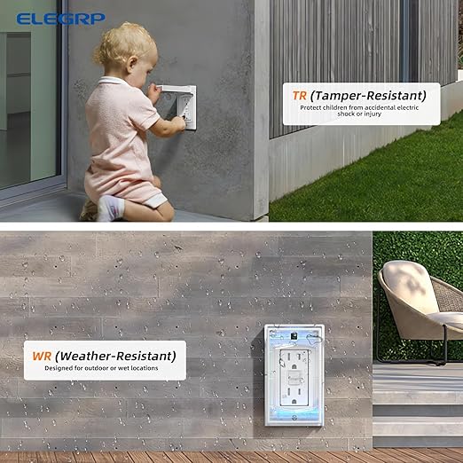 ELEGRP Outdoor GFCI Outlet with Cover, Weather Resistant GFCI Receptacle and Wall Plate, 15 Amp Self-Test GFI Electrical Outlet, Thinner Design Ground Fault Receptacle, UL Listed, Matte White, 2 Pack