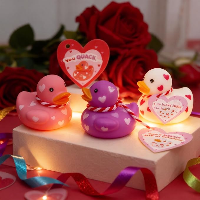 28 Packs Valentines Day Gift Cards with Cute Mini Rubber Duck 2.4x2.4 Bath Toys for School Classroom Valentine’s Exchange Greeting Cards