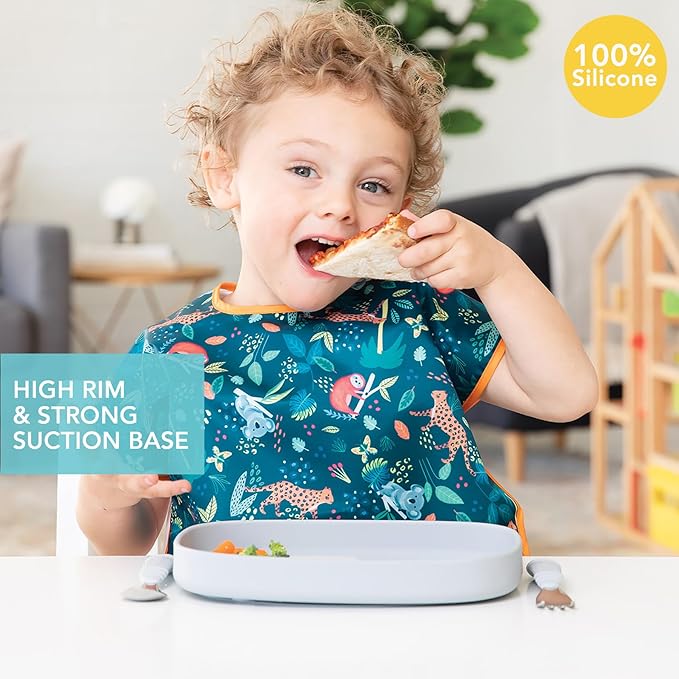 Bumkins Toddler and Baby Suction Plate, Silicone Grip Dish Large Tray for Big Kids, Fits Most Highchairs, Essential Children Feeding Supplies, Non Skid Sticky Bottom, Platinum Silicone, Gray