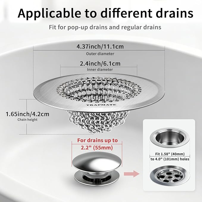 TRAPMATE Shower Drain Hair Catcher, 4.4" Easy Clean Bathtub Drain Hair Catcher, Anti-Slip Bath Tub Drain Protector, Upgraded 304 Stainless Steel Shower Sink Drain Cover for Bathroom (Patented Product)