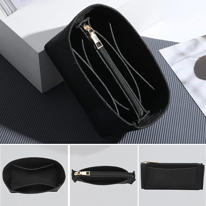 Premium Felt Purse Organizer Insert, 7 Compartments with Removable Zipper Pocket | Small Purse Organizer Fits LV Speedy 20, Noé BB, Mini Ophidia Tote, Groove 20 & More Bag Organizer Insert (Black)