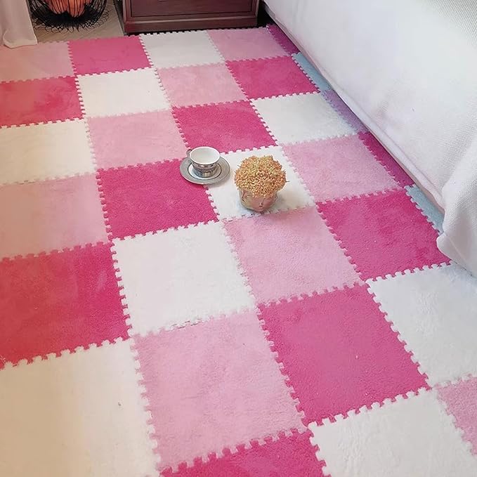 12pcs Plush Puzzle Foam Floor Mat, Cute Soft Fluffy Interlocking Square Foam Tiles Area Rugs Carpet for Parlor Bedroom Decoration(11.8x11.8x0.4in, Rose Red&Pink&White)