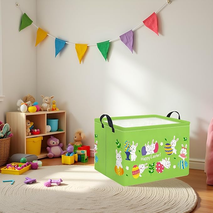 TIBAOLOVER Rectangular Easter Basket Easter Gift Basket for Kids Baby Storage Basket Cute Toy Storage Bin Organizer Shelf Book Basket Easter Room Decor(Green Easter Basket)