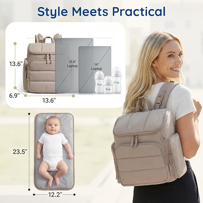 mommore Diaper Bag Backpack, Baby Bag with Waterproof Changing Pad and Stroller Straps for Toddler, Diaper Backpack for Mom Dads with Insulated Pockets & Pacifier Case, Baby Essential, Coffee