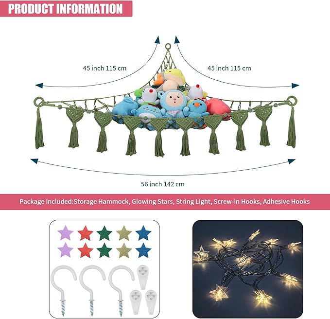 Stuffed Animal Hammock Corner - 56'' Jumbo Handcrafted Stuffed Animal Net Toy Hammock - 100% Natural Cotton 5mm Double Macrame Cord Plushies Storage - Green Stuffy Plushie Net w/LED Star Light