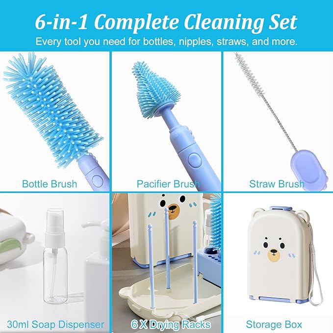 Blue Travel Bottle Cleaner Kit with Drying Rack – 6-in-1 Baby Bottle Washer & Silicone Brush Set for Pump Parts, Nipples & Straws – Portable Baby Travel Essential in Compact Case