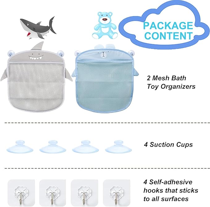 Storawo 2 Pack Mesh Bath Toy Organizer, Cute Shark & Bear Bath Toy Storage Net Bathtub Toy Organizer, Perfect Bathroom Hanging Storage Bag Quick Dry Bath Toy Holder Bag with 8 Strong Hooks (Set A)