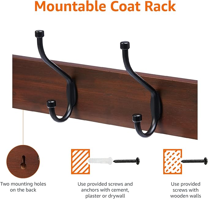 Amazon Basics Wall-Mounted Coat Rack, 5 Hook, Light Walnut | Farmhouse, Rectangular